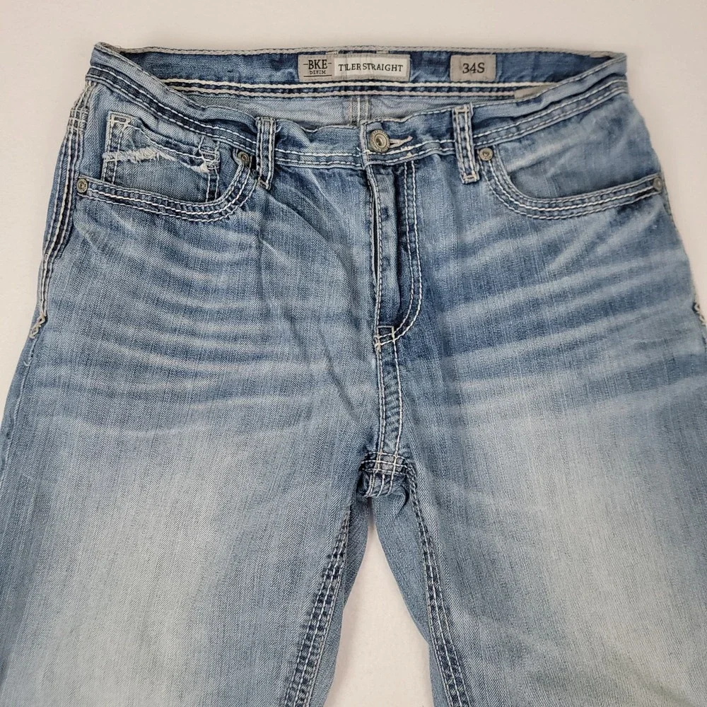BKE Tyler Straight Leg Jeans Men's 34S Light Wash Thick Stitch Denim